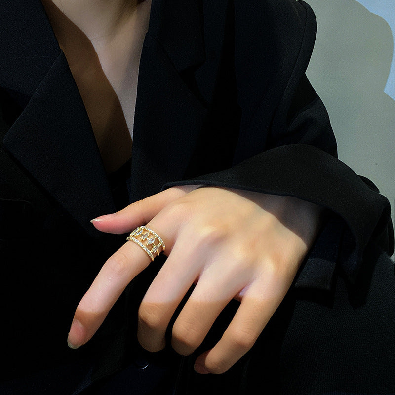 Women Adjustable Zircon Ring Copper Gold Tone Geometric Korean Style Opening Ring With Clear Stones Elegant Sparkling