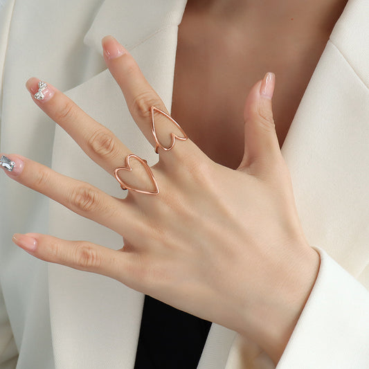 Womens Ring Peach Heart Hollow Design Titanium Steel Rose Gold Electroplate Fashion Jewelry GiftForHer Elegant