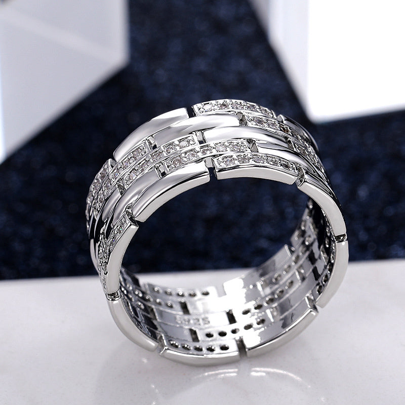 Men Wide Zircon Micro Pave Ring Copper Geometric White Gold Tone Fashion Jewelry Accessory Elegant Unisex Ring