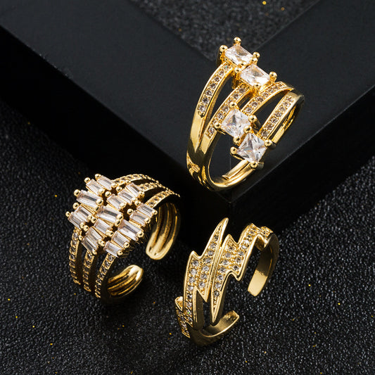 Copper Plated 18K Gold Micropaved Zircon Geometry Ring for Women Stylish Statement Jewelry Accessory For Daily Wear