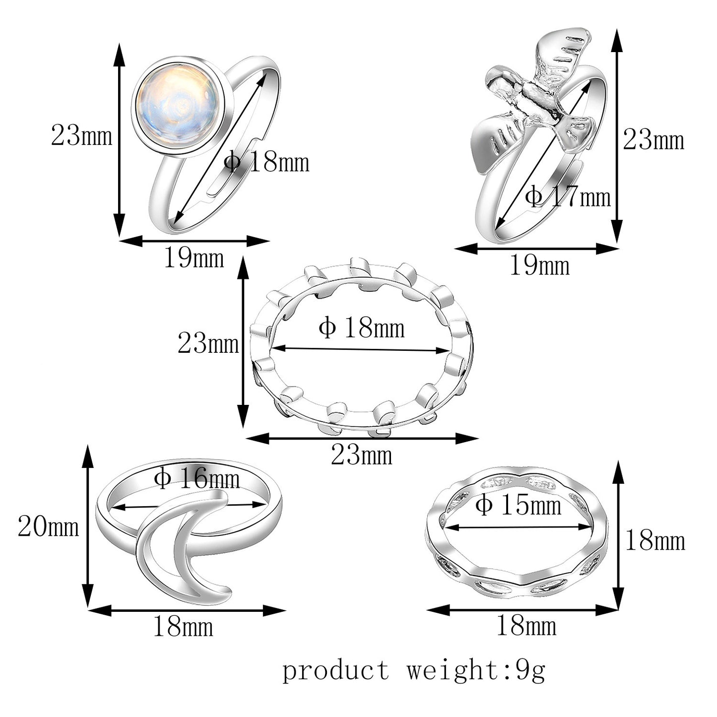 Womens Ring Set Flying Bird Shape Alloy Rings Electroplated Silver Celestial Moonlit Design Jewelry Five Piece
