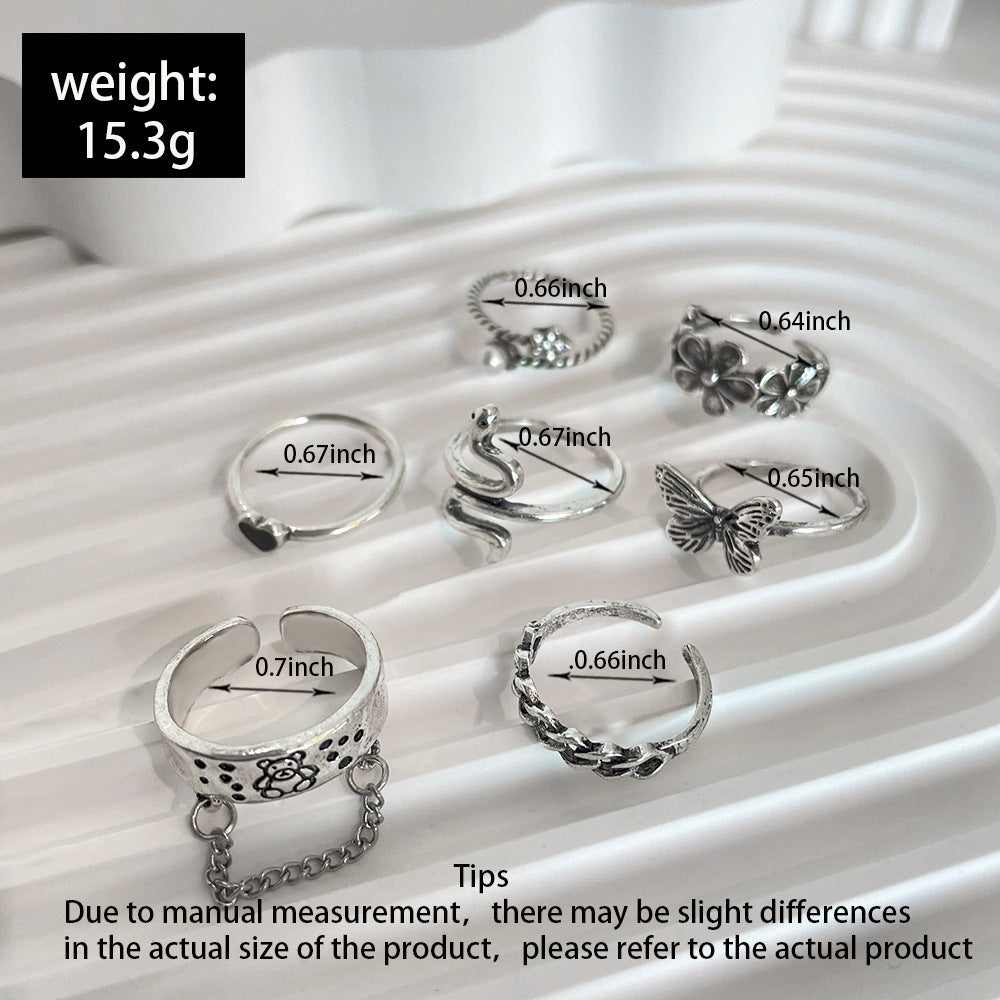 Womens Retro Ring Set 7 Piece Animal Zodiac Jewelry With Butterfly Snake Flower Elements Zinc Alloy JewelrySet