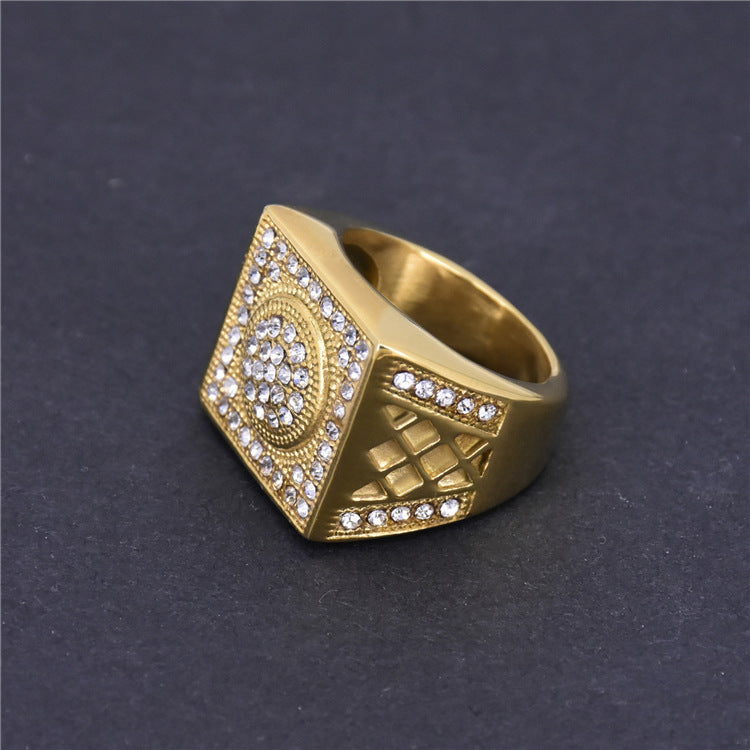 Mens Ring Titanium Steel Retro Ring Diamond Inlaid Ring Gold Plated Ring Square Hollow Ring Chinese Ring Number Letter