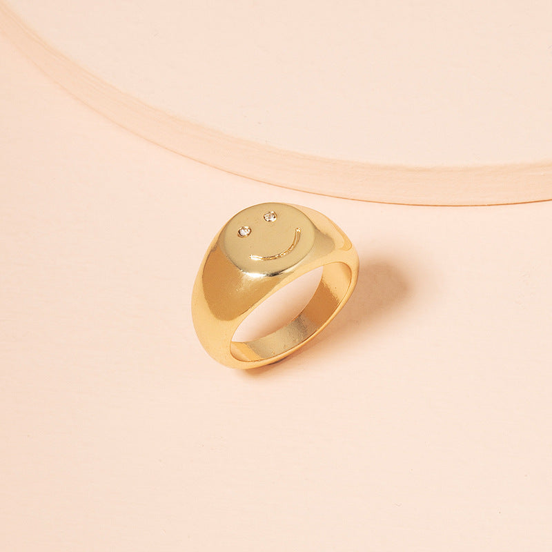 Womens Ring Simple Gold Smiley Face Ring Trendy Retro Korean Inspired Jewelry Electroplated Copper Fashion Chic
