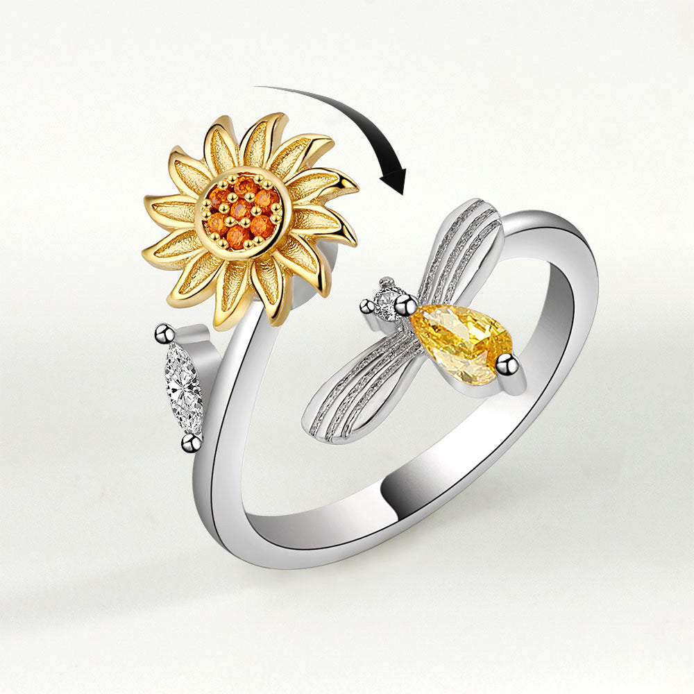 Womens Adjustable Rotating Sunflower Ring Zircon Inlaid Copper White Color Plated Durable Fashion Jewelry Gift