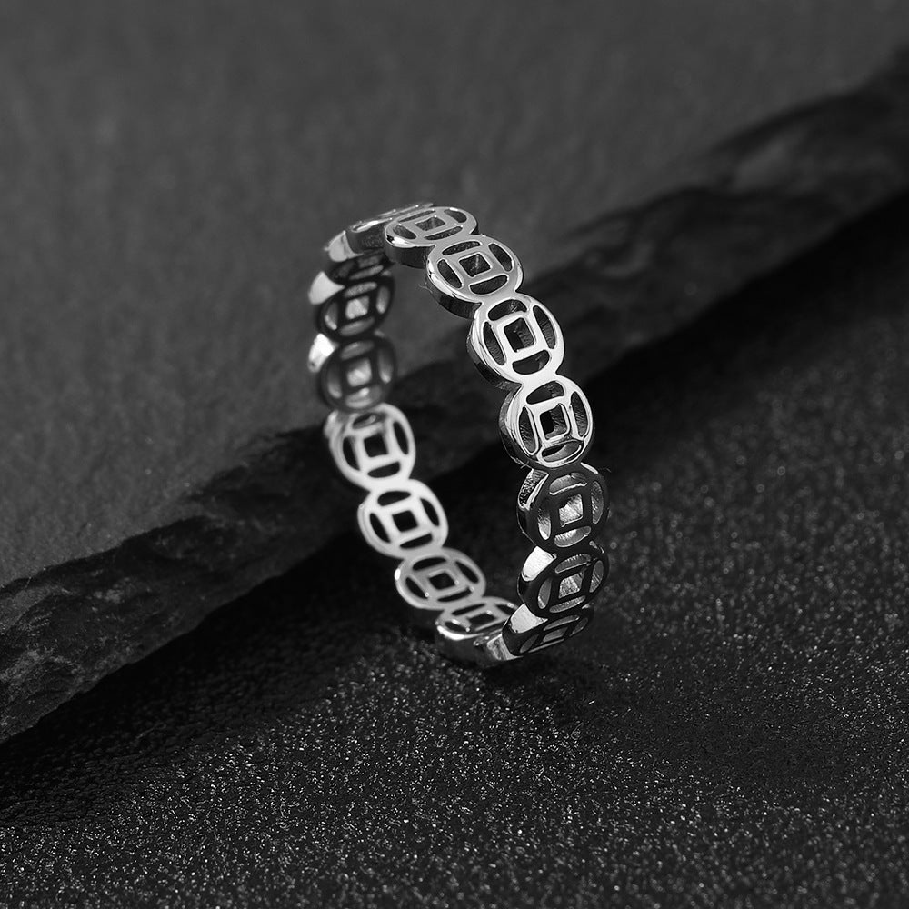 Unisex Titanium Steel Ring Hollow Lucky Coin Index Finger Ring Geometric Auspicious Pattern Retro Pattern Ring