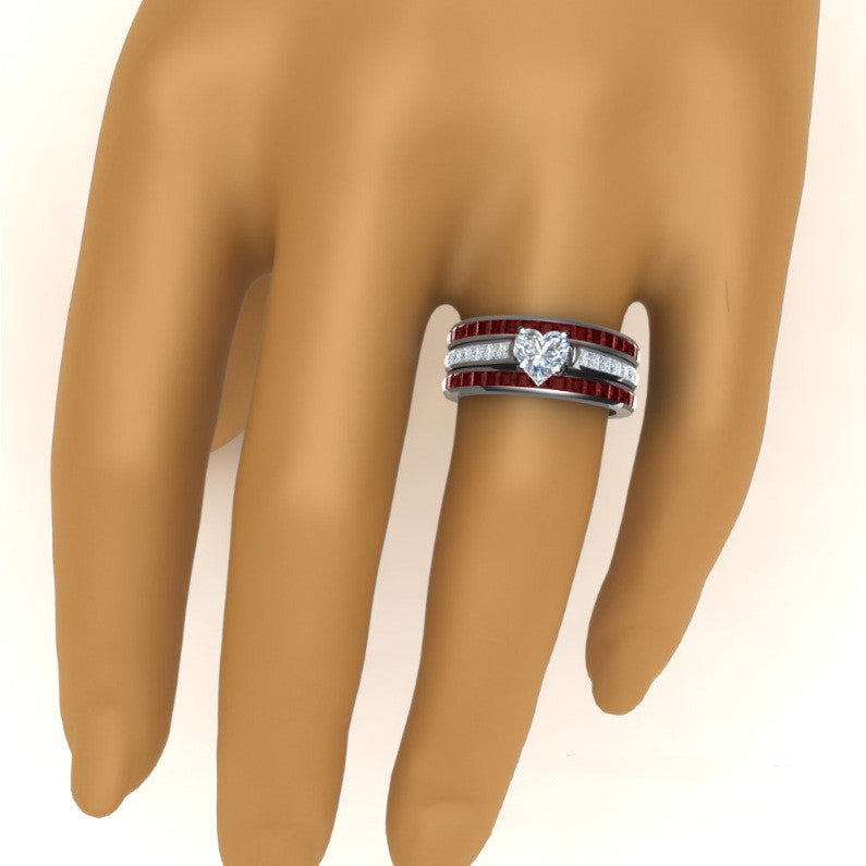 Womens Heart Shaped Three Layer Ring Fashion Jewelry Diamond Simulant Accent Red Ruby Metal Ring For Elegance Style