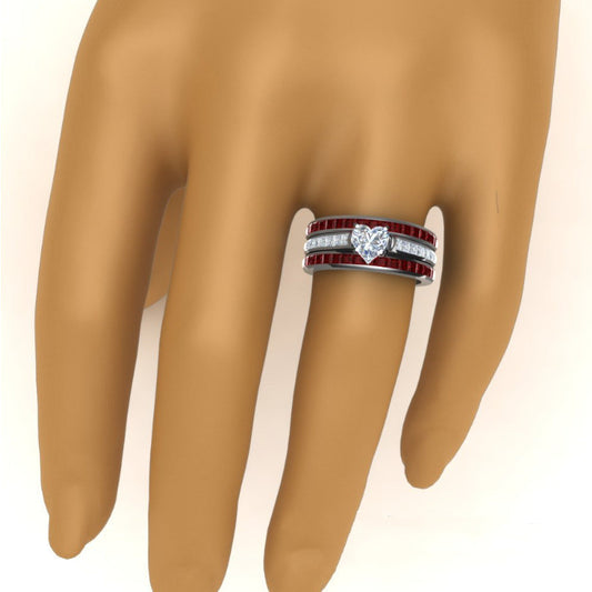 Womens Heart Shaped Three Layer Ring Fashion Jewelry Diamond Simulant Accent Red Ruby Metal Ring For Elegance Style