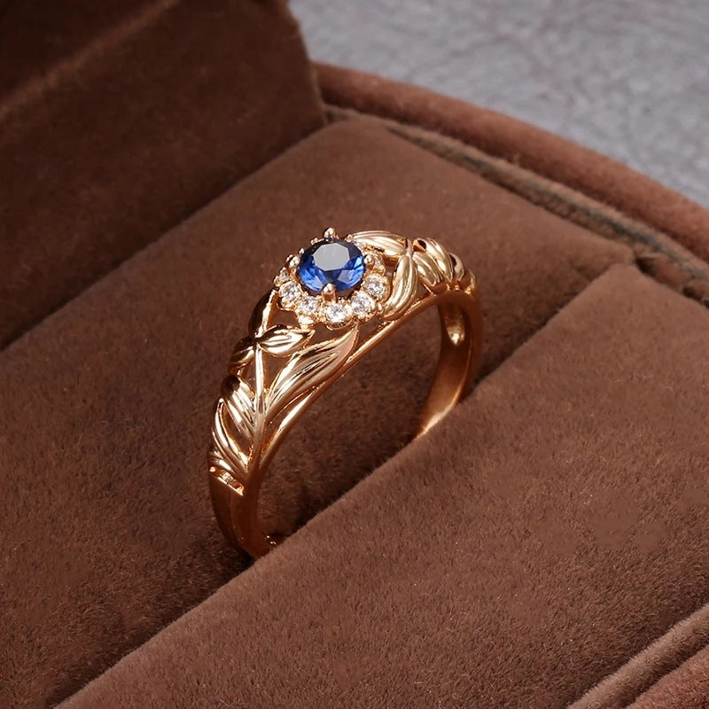Womens Blue Zircon Ring Gold Plated Copper Flower Design Electroplated Must Have For Fashion Women Elegant Jewelry