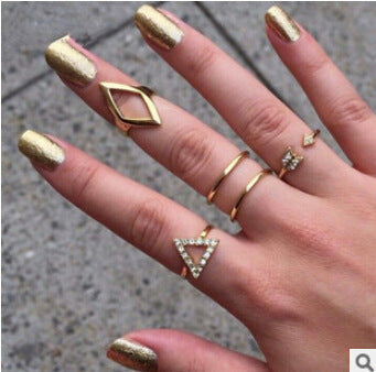 Womens Heart Shape Alloy Ring Set Diamond Arrow Rhombus Plus Triangle Joint Ring Design Fashion Jewelry Golden
