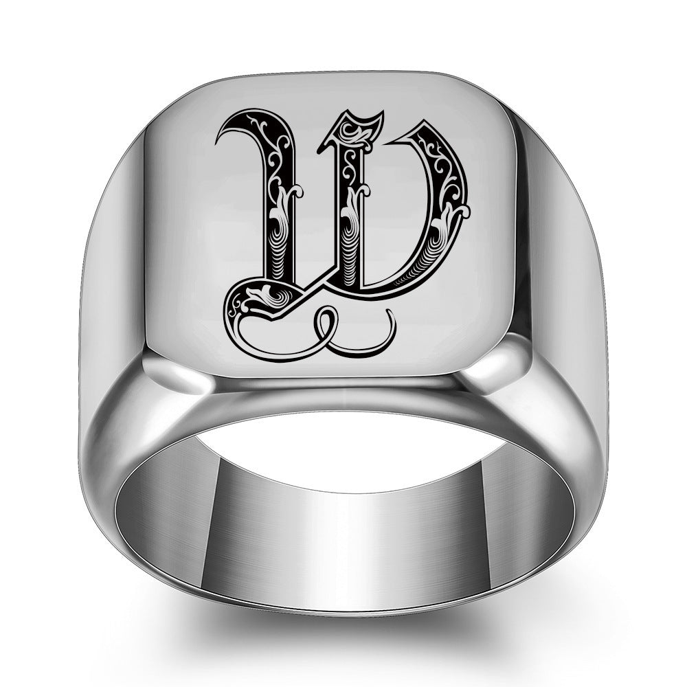 Mens Initial Letter Ring Titanium Steel Retro Alphabet Band Personalized Durable High Quality Fashion Jewelry For Men