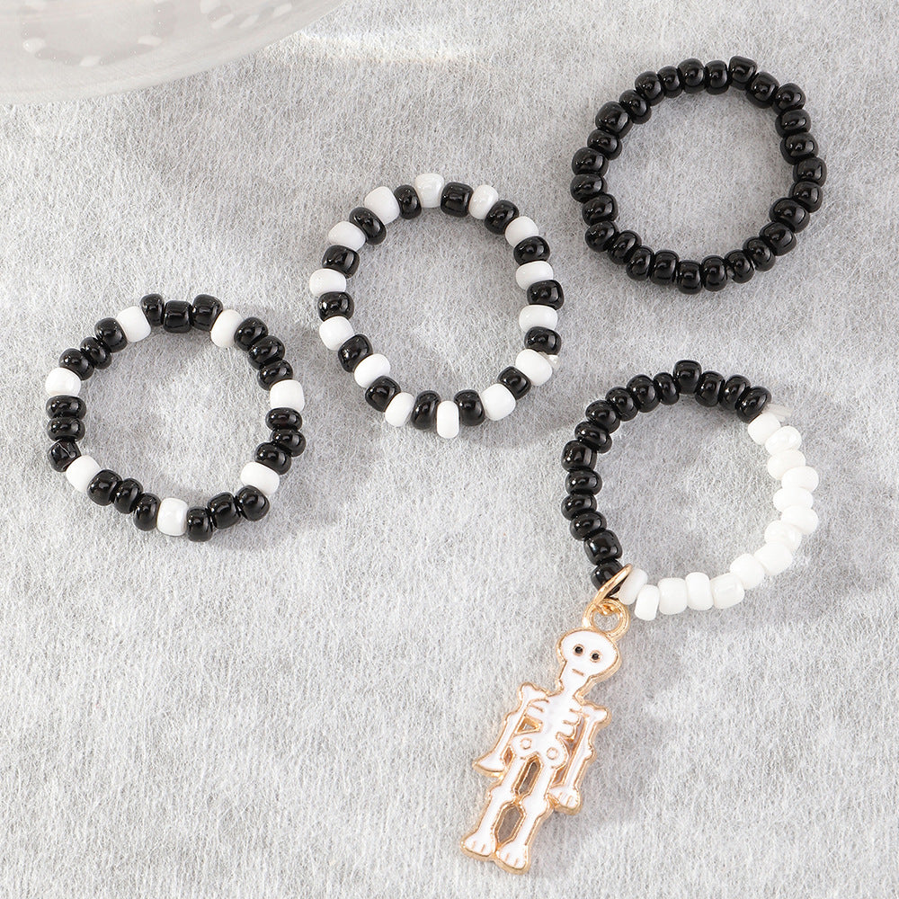 Womens Elastic Rice Bead Ring With Gold Plated Skeleton Design Creative Fashion Jewelry Gift For Her One Size Chic Style