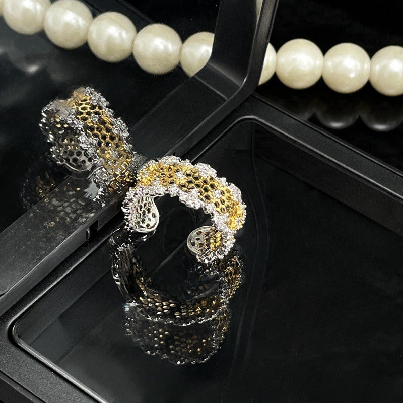 Women Retro Geometric Copper Ring With Zircon Inlaid Hollow Opening Design Fashion Jewelry Gift For Her Copper