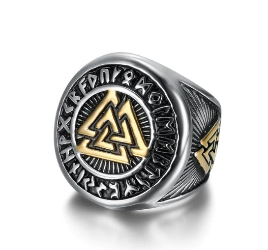Handcrafted Stainless Steel Ring Dual Color Valknut And Runes Design Norse Viking Jewelry Men's Ring Norse Mythology Symbol Ring Gift For Him