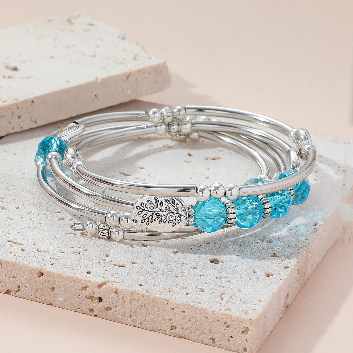 Womens Copper Tube Beads Bracelet With Crystal Leaves And Love Design Alloy Metal Bangle Jewelry Fashion Shine