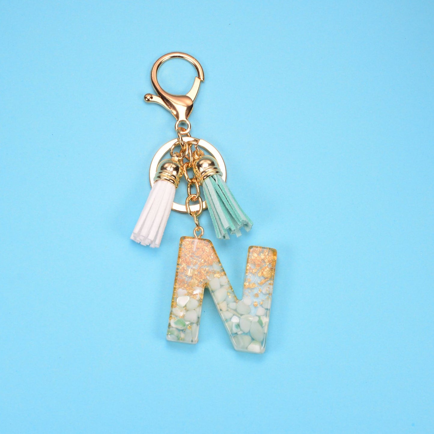 Resin Letter Keychain With Gold Foil Tassel And Alphabet Initial Keyrings For Purses Bags Backpacks Decoration