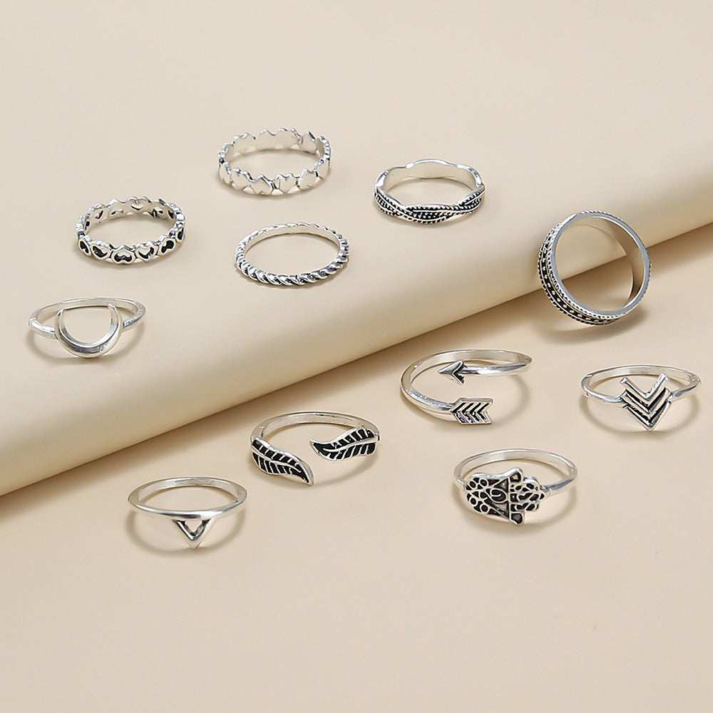 Womens Fashion Rings Set 11 Pieces Alloy Electroplated Rings With Leaf And Arrow Design European Style Jewelry