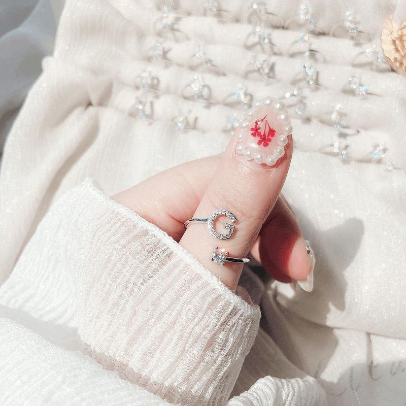 Women's Initial Alphabet Zircon Ring Open Mouth Adjustable Design A to Z Letter Jewelry Gift for Her Gifts for Her