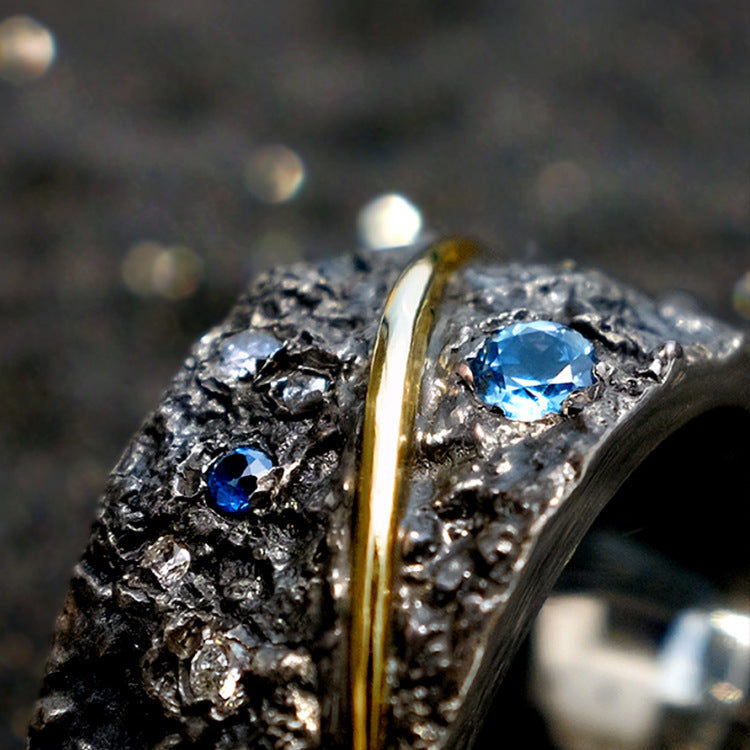 Sterling Silver Diamond Ring Unisex Star Sapphire Adjustable Band Geometric Design For Men And Women Elegant Gift