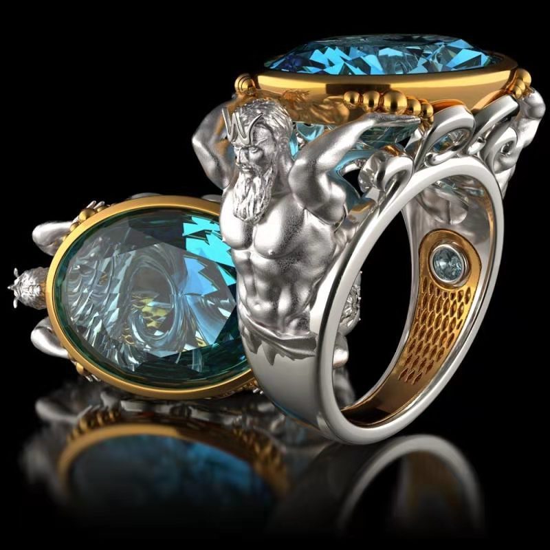 Mens Alloy Ring With Inlaid Gemstone Insect Ring European Lion Ring Two Tone Electroplated Golden And Blue Ring