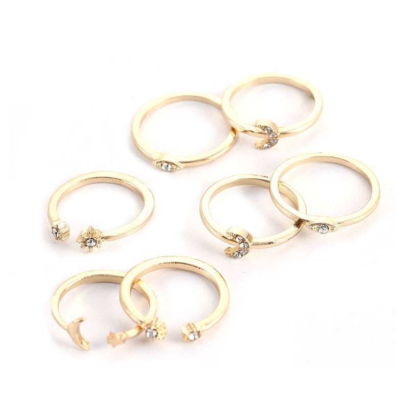Womens Star Ring Set 7 Piece Golden Alloy Open Rings Adjustable Retro European American Simple Elegant Sparkle