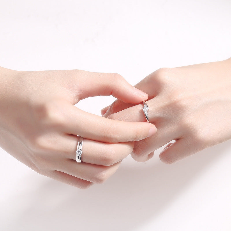 Sterling Silver Couple Ring With Zircon Diamonds Adjustable Geometric Matching Rings For Women And Men Jewelry