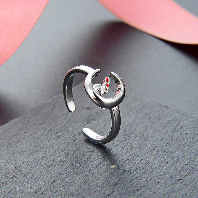 Sterling Silver Moon Rabbit Ring Adjustable Geometric Design With Electroplated Finish For Women And Girls Now