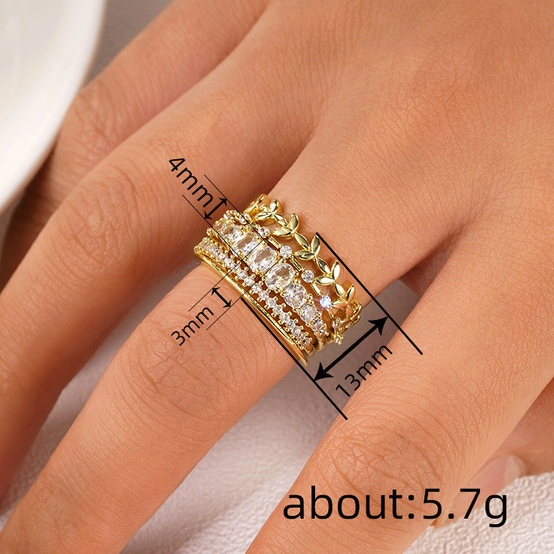 Geometric Zircon Inlaid Copper Ring Wheat Leaf Design Ladies Elegant Everyday Wear Timeless Copper Jewelry Now