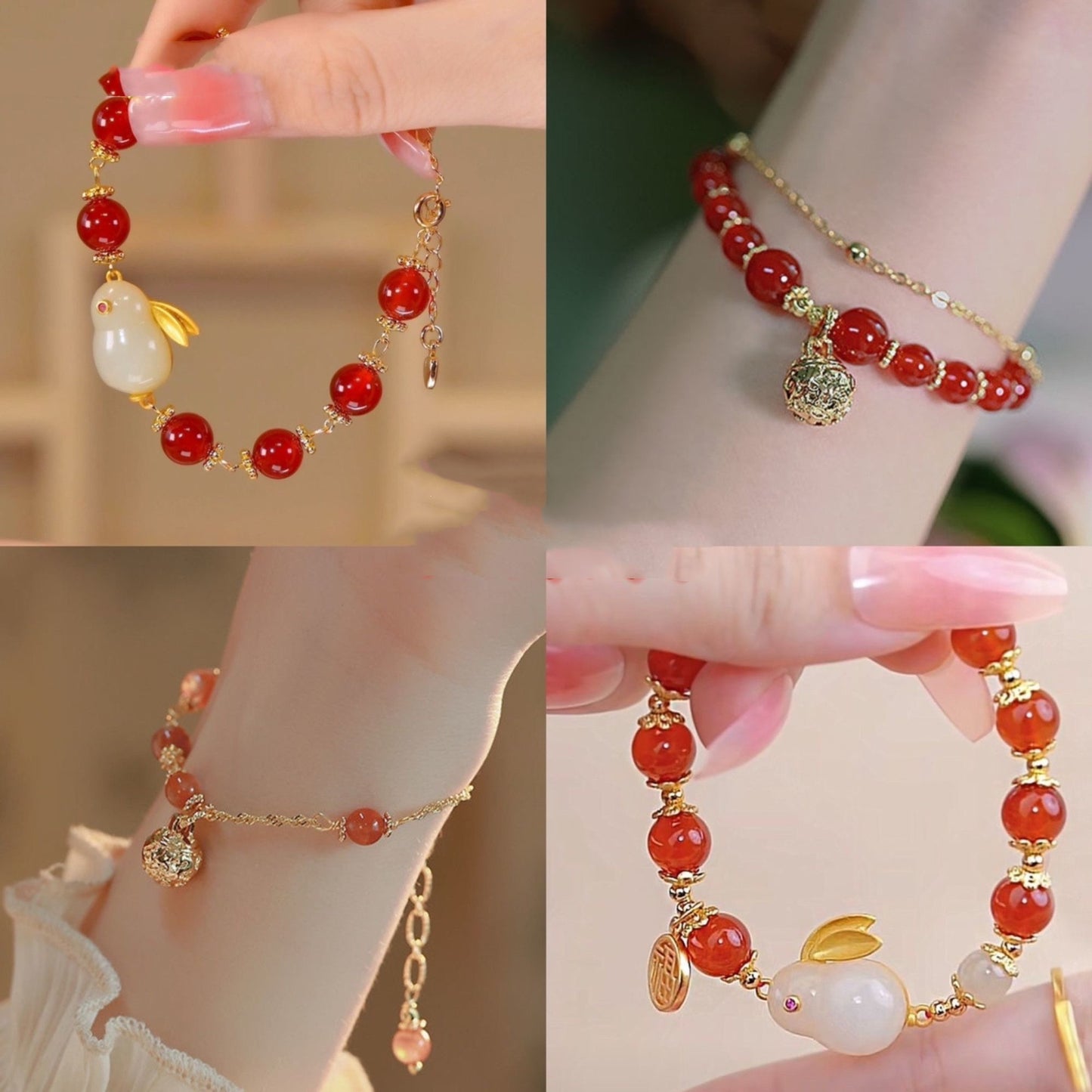 Womens Electroplated Alloy Bracelet Set Trendy Fashion Jewelry Simple Rabbit Shape Bangle Gift Red Yu Stone Charm