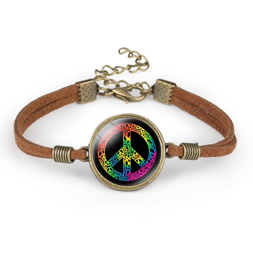 Unisex Leather Bracelet Peace Sign Retro Geometry Pattern With Crystal Inlay And Distressed Finish Packed Gift