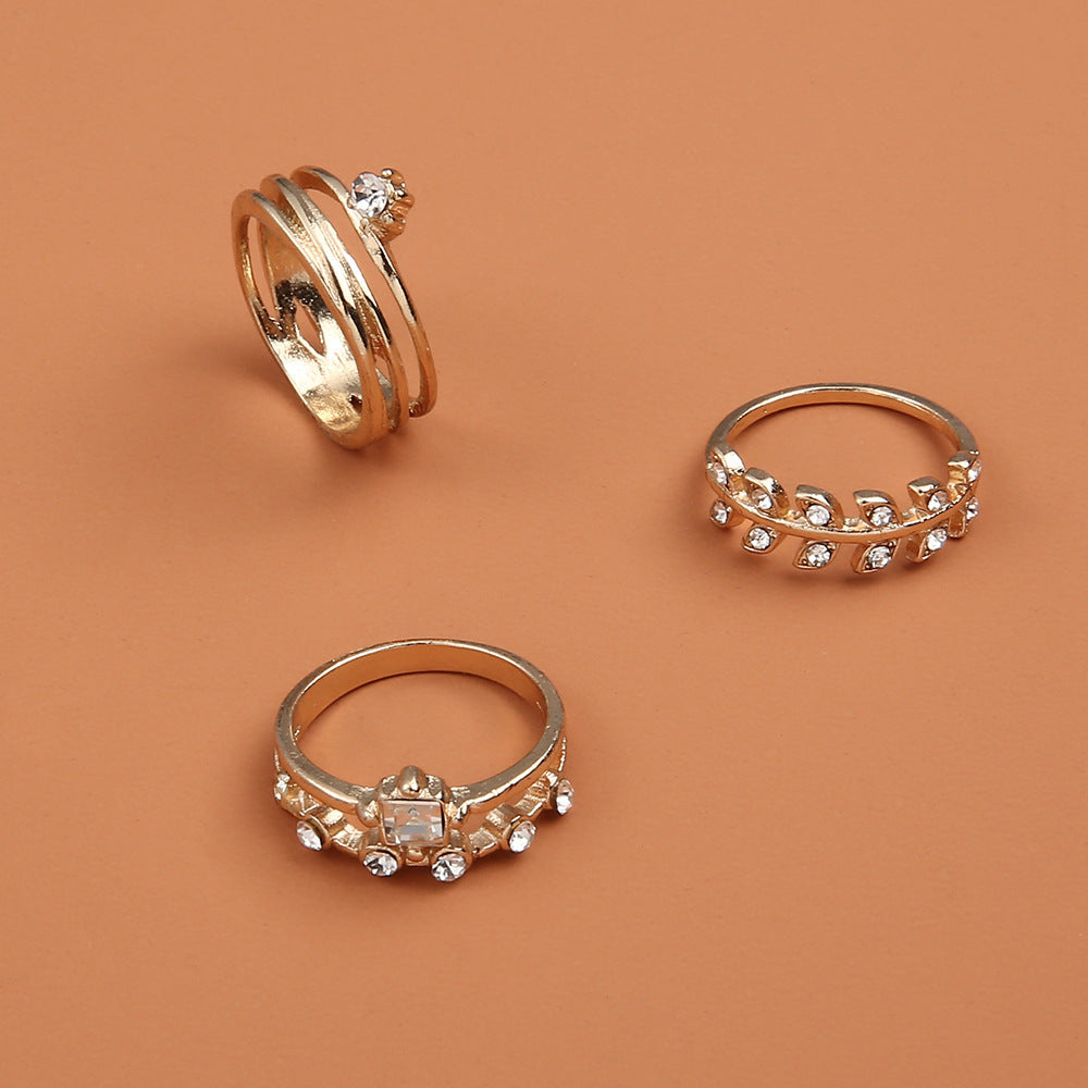 Womens Flower Ring Set 3 Piece Gold Alloy Inlaid Gem European Vintage Wedding Rings Fashion Jewelry Gift Style