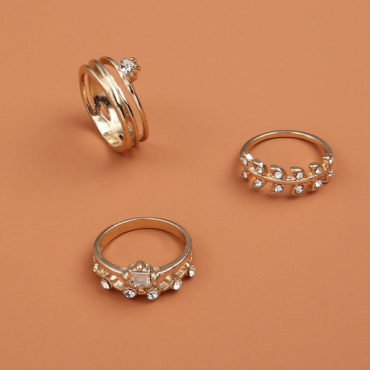 Womens Flower Ring Set 3 Piece Gold Alloy Inlaid Gem European Vintage Wedding Rings Fashion Jewelry Gift Style