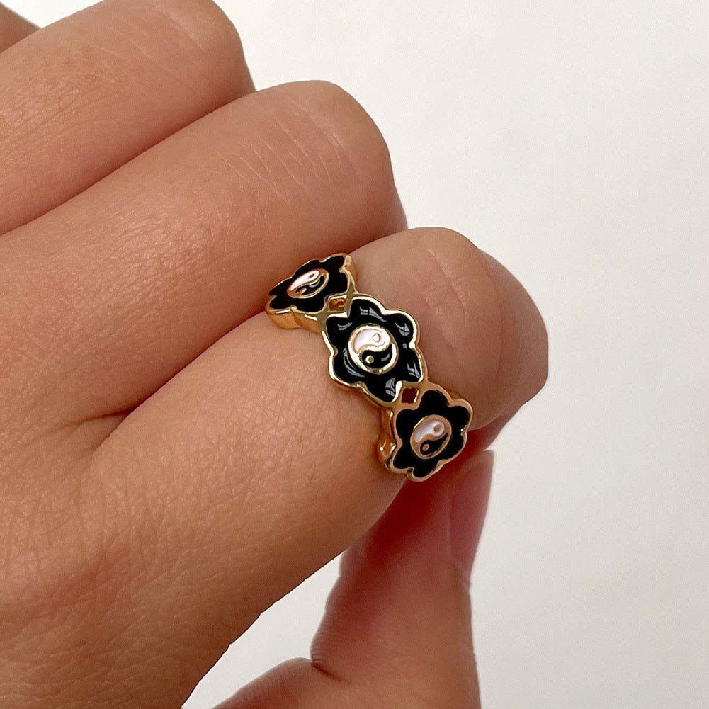 Womens Alloy Ring Drip Oil Color Flower Design Bagua Style Elegant Floral Ring For Women Fashion Jewelry Trend