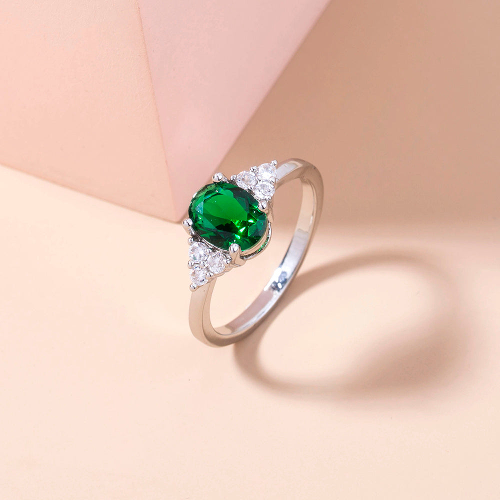 Oval Emerald Green Zircon Ring For Women Adjustable Copper Zircon Jewelry European Style Ring Classic Pure Luxe