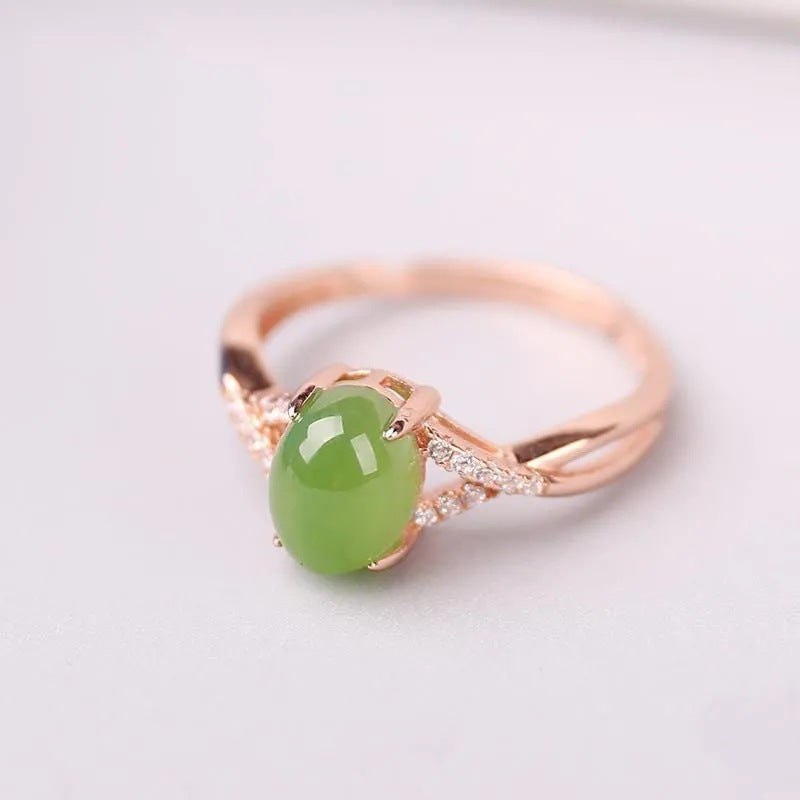 Womens Adjustable Ethnic Silver Ring Gold Plated Green Jade Inlaid Gemstone Jewelry For Daily Wear Daily Style