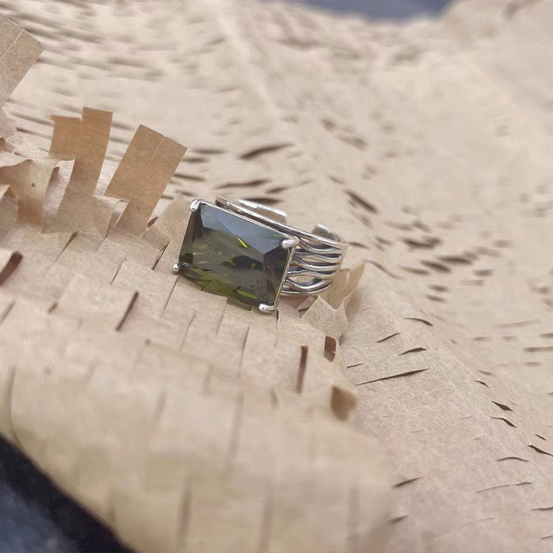 Womens Retro Heavy Industry Open Ring With Geometric Three Dimensional Decoration Adjustable Size Inlay Gemstone