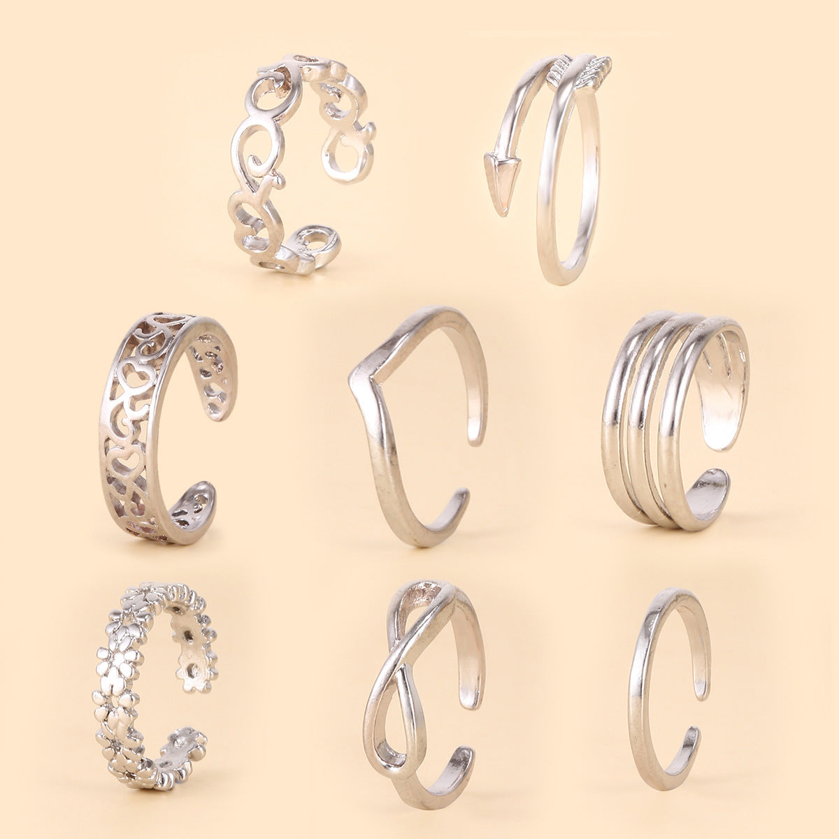 Women Adjustable Toe Ring Set Geometric Alloy Rings European American Beach Jewelry Gold Tone Silver Tone 8pcs