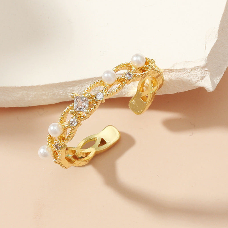 Womens Adjustable Copper Ring With Zircon Inlay Geometric Pearl Open Band Golden Design Lightweight Light Feel