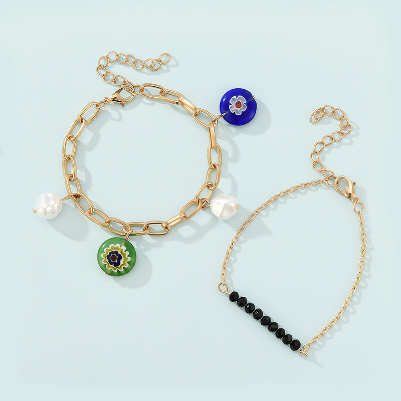 Womens Alloy Bracelet Pearl Flower Tassel Design Geometric Bangle Gold Plated Metal Trendy Bracelet Color Gold