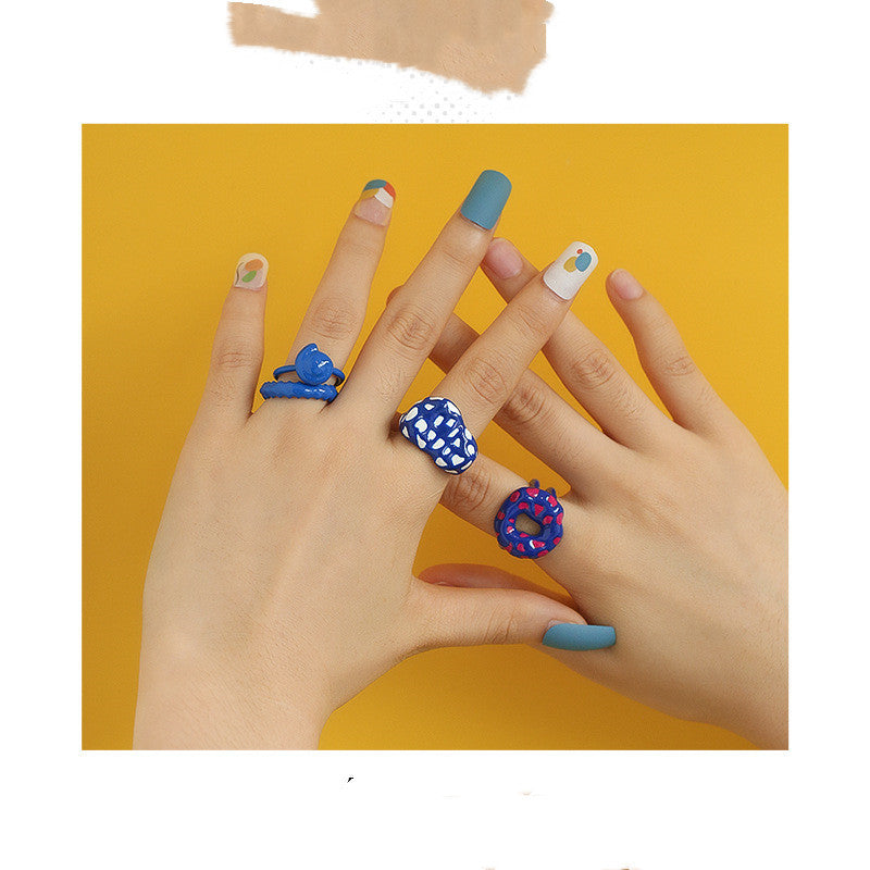 Womens Hand Painted Donut Ring Geometric Dripping Oil Alloy Statement Jewelry Blue White Contrast Stylish Look