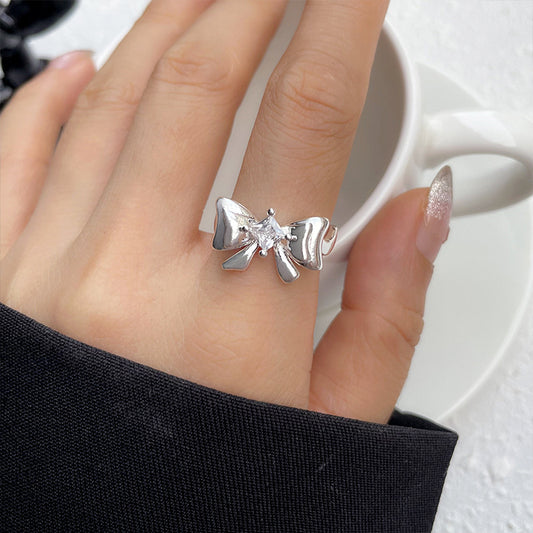 Girls Bow Ring 925 Sterling Silver Zircon Inlaid Adjustable Open Ring Gift For Birthday Everyday Jewelry For Girls