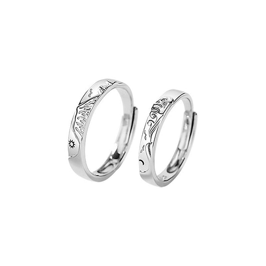 Sun And Moon Ring Adjustable Silver Wave Design Vintage Jewelry Individually Packed For Women And Men Gift Set