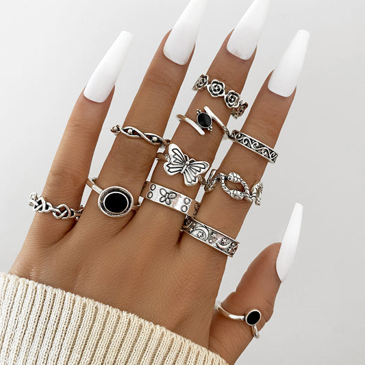 Knuckle Ring Set 11 Piece Vintage Alloy Rings With Geometric Butterfly Snake Moon Star Flower Unisex Deluxe GX