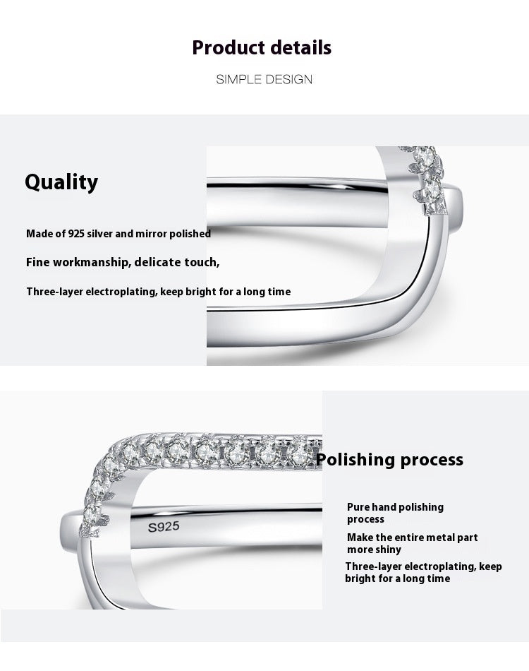 Womens Sterling Silver Ring Geometric Ellipse Zircon Inlaid Rectangular Ring Affordable Luxury For Her Stylish