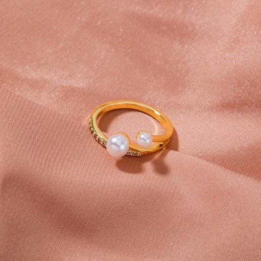 Adjustable Gold Ring With Diamond Zircon Pearl Design