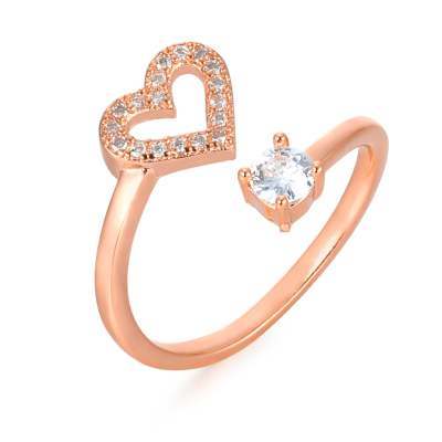Womens Adjustable Heart Zircon Rings Rose Gold Plated Copper Open Design Delicate Elegant Fashion Jewelry Gift