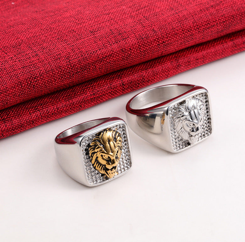 Gold Domineering Lion Head Titanium Steel Punk Men's Ring