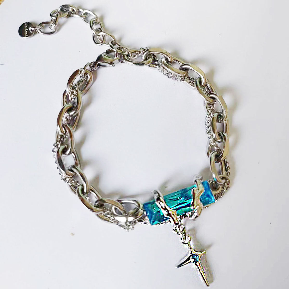 Unisex Titanium Steel Bracelet Geometric Star Lines Octagonal Design With Black Diamond Accent Minimalist Jewelry