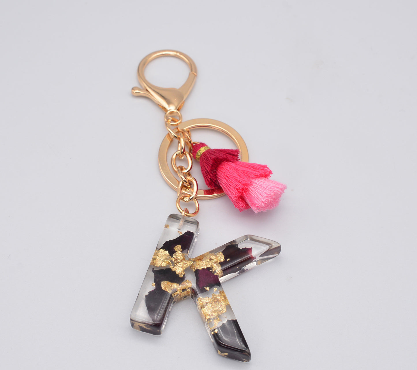 Resin Floral Keychain With Tassel Pendant Black Rose Design Durable Craftsmanship Initial Letter Bag Accessory