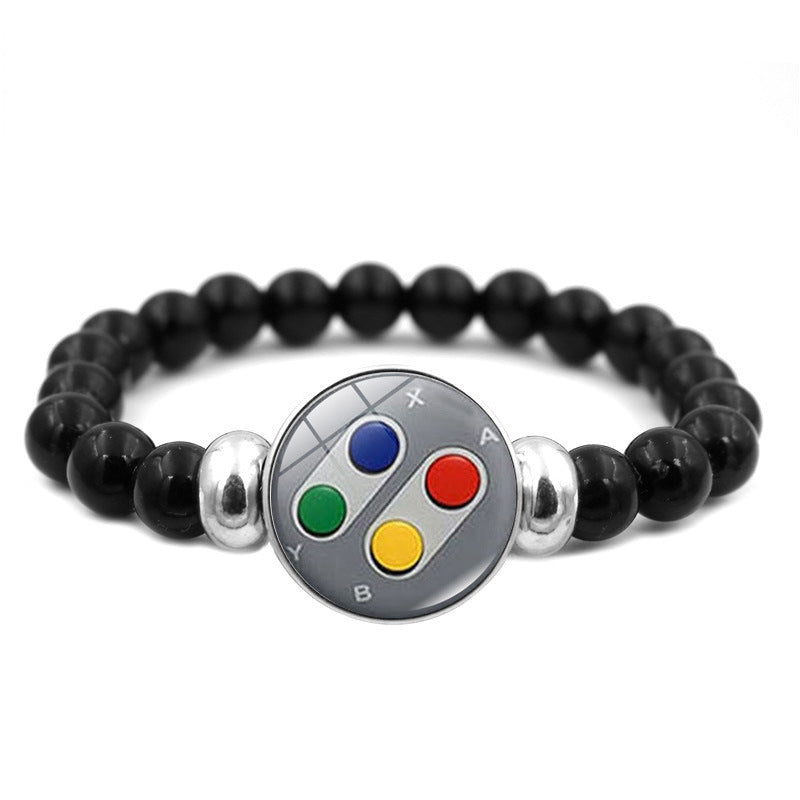 Unisex Faux Leather Bracelet With Game Controller Graphic Button Pattern And Beadwork Design With 18mm Pendant